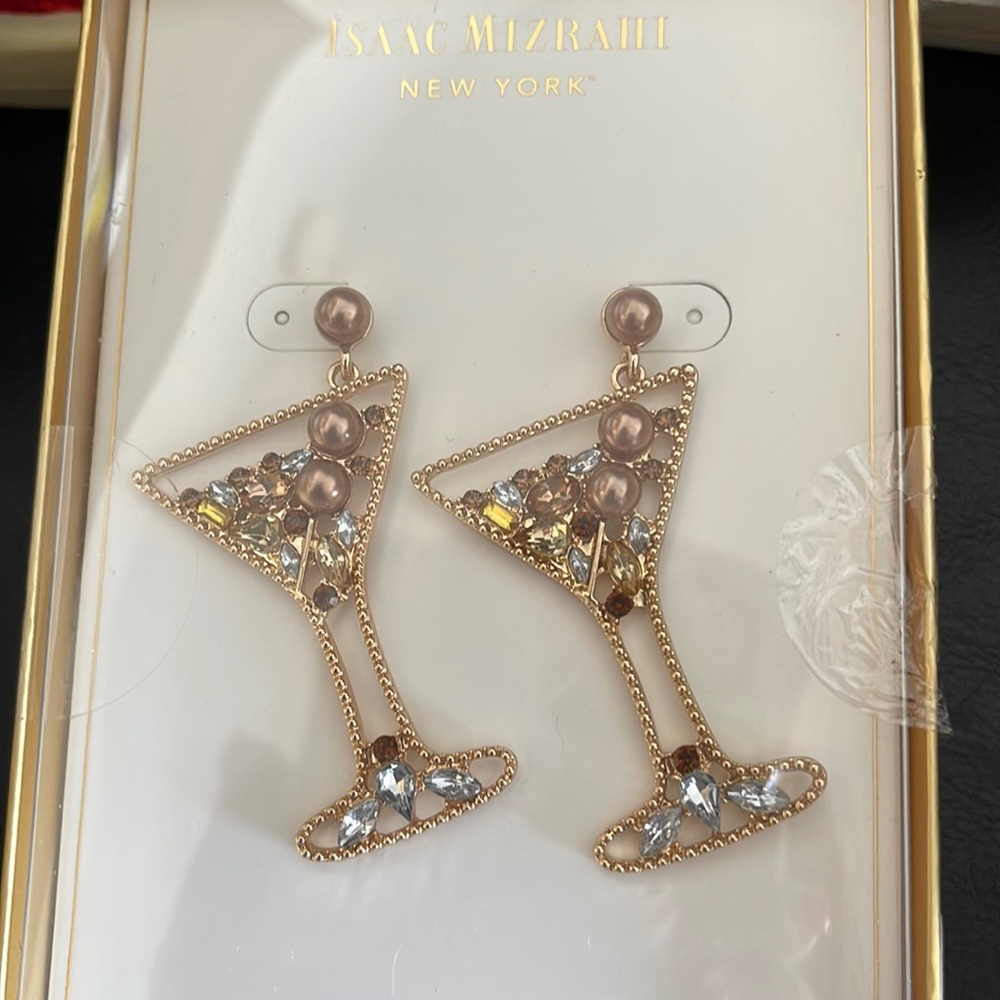 New Isaac Mizrahi Cocktail Martini Bling Earrings Bejeweled